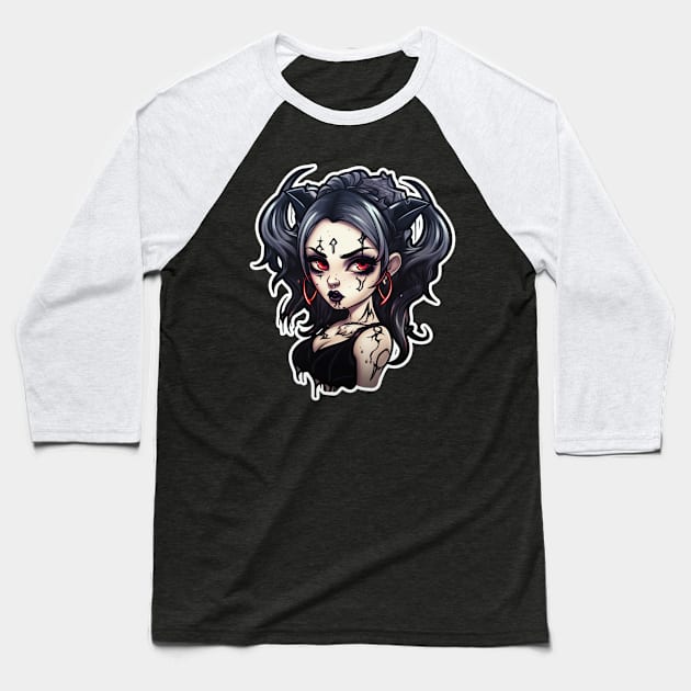 Inked Goth Girl Demon Baseball T-Shirt by Nightarcade